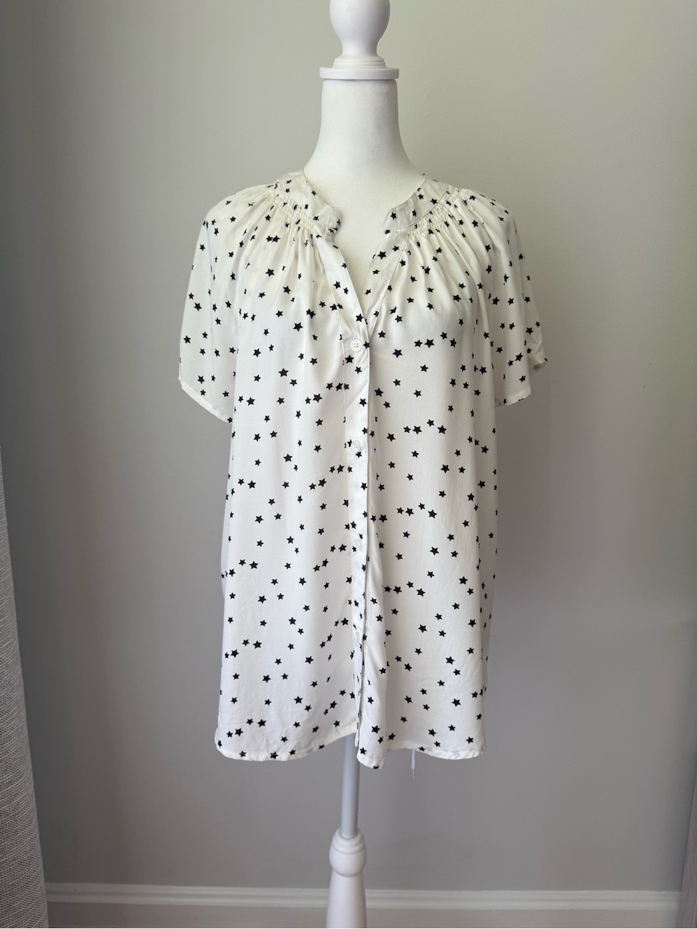 Aqua White Star-Print Button Front Blouse XL NWT